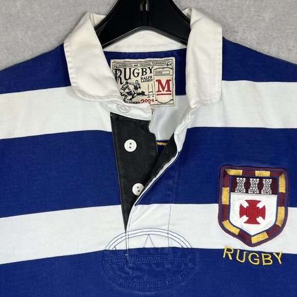 Polo Ralph Lauren Rugby Shirt Men's Medium White/ Blue Striped Long Sleeve RARE - Picture 3 of 12